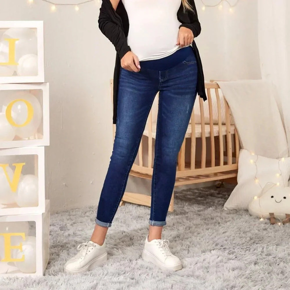 Dark Wash Women's Maternity High Waist Ripped Skinny Jeans - Picture 1 of 6